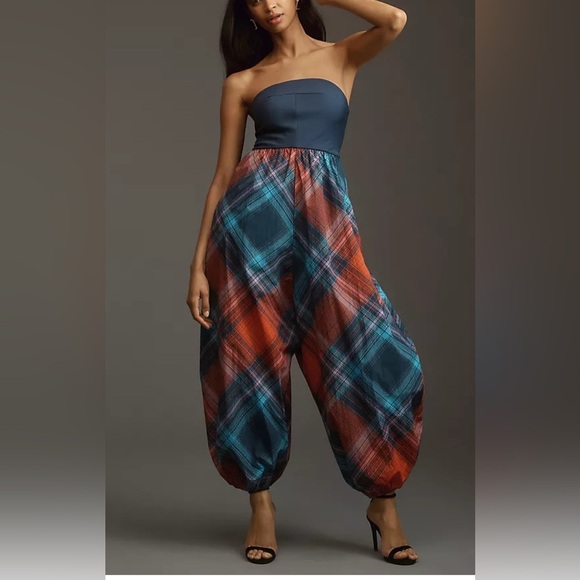 Anthropologie Pants - Anthropologie Maeve Gathered Balloon Jumpsuit Plaid Harem Strapless Blue sz M